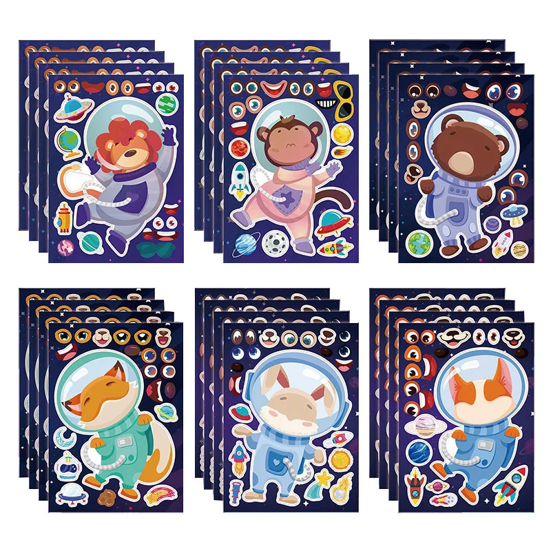 Children's DIY Stickers Make Your Own Animal Astronauts Craft Create A Face Stickers for Kids Toddlers Birthday Activities Party