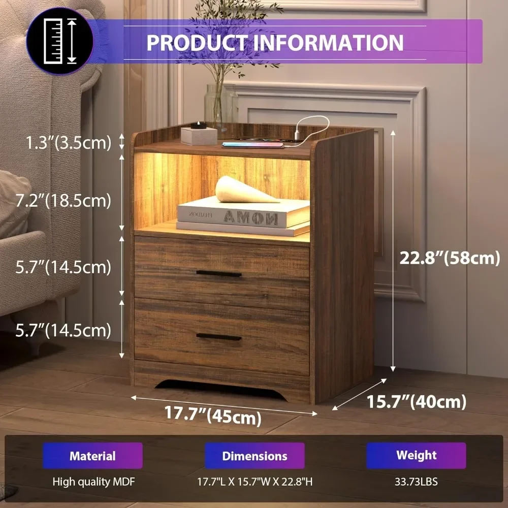 LED Nightstand with Charging Station, Smart Bedside Table with 24-Color RGB LED Lights, Charging Nightstand