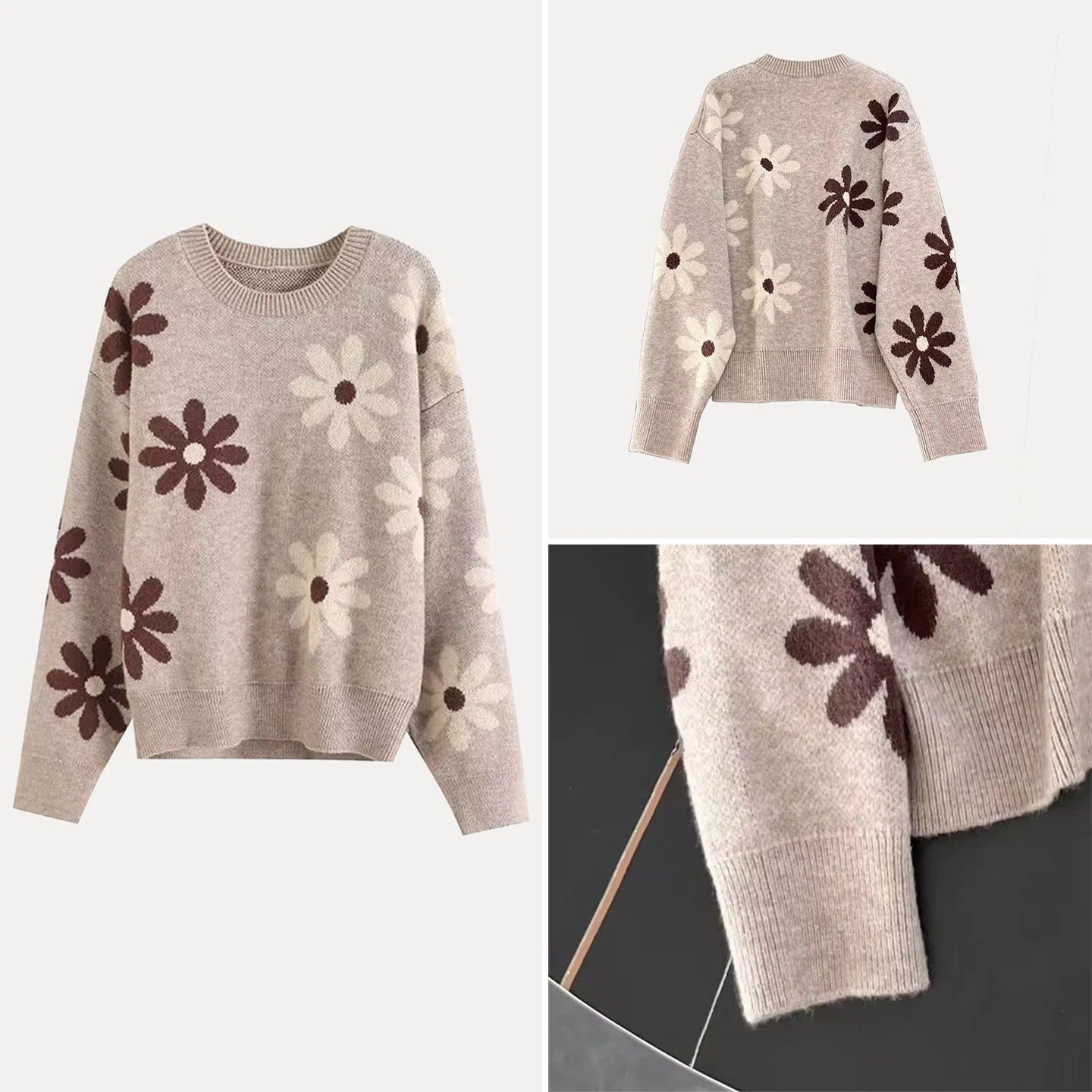 

Floral Colion Color Pattern round Ne Knitted Sweater Women's Sle Autumn New Arrival Long Sve Casual Cardigan