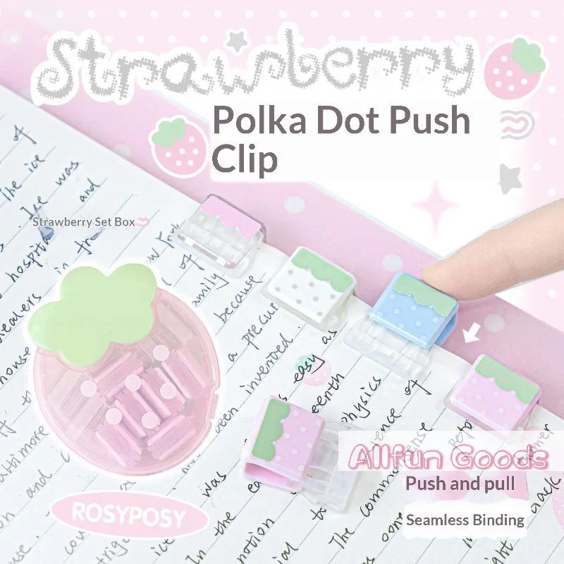Lot de pinces à pression fraise Kawaii mignonnes, pinces de fixation pour documents, pinces à reliure à pois pour l'organisation des notes des étudiants