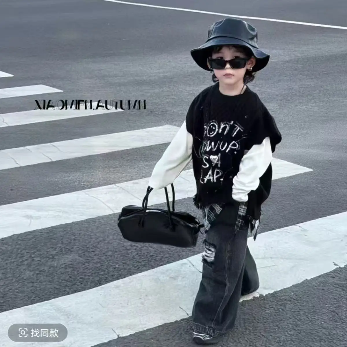 Boys Spring and Autumn Set Kid Baby Knitted Letter Graffiti Vest+ Long Sleeved T-shirt +Grid Fart Curtain Hole Pants 3pcs Set