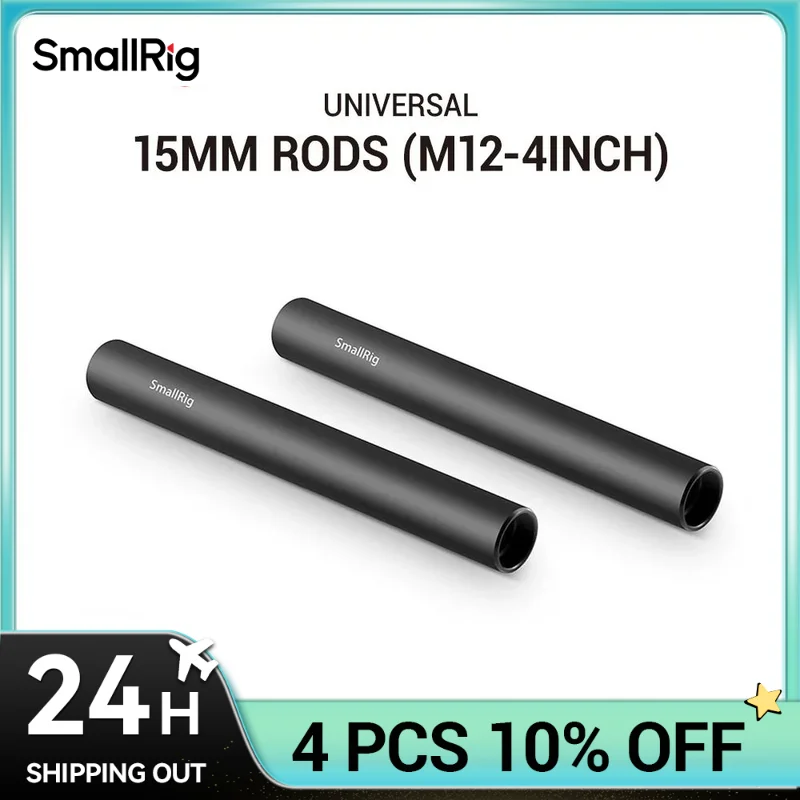 SmallRig Black Aluminum Alloy 15mm Rod Camera Rail Rod - 10cm 4 Inch (Pair Pack) for Monitor EVF Mount Attach -1049