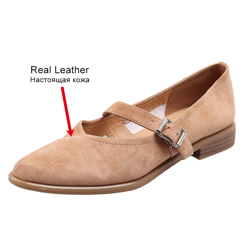 JOZHAMTA Women Casual Flats Shoes Suede Genuine Leather Low Heels Shoes Buckle Strap Soft Comfort Office Dress Daily Size 34-39