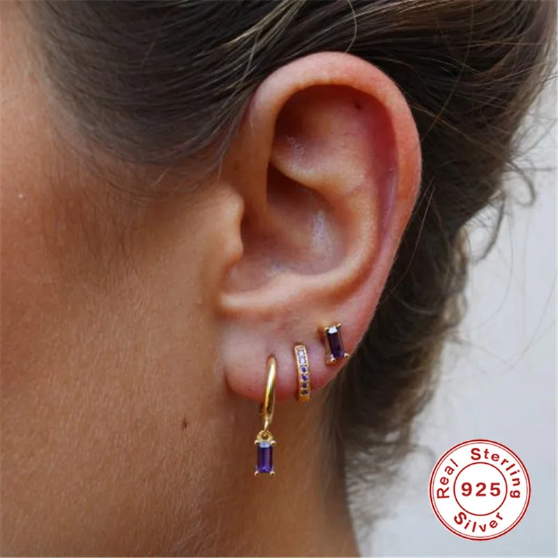 LENNIK-pendientes de aro de Plata de Ley 925 para mujer, aretes colgantes de circonita negra, Piercing chapado en oro de 18K, conjunto de joyería de