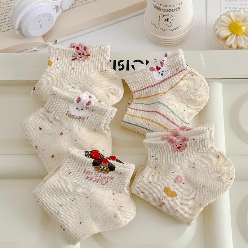 5/10 Pairs Dot Yarn النساء الجوارب القصيرة موضة لطيف الكرتون نمط الربيع/الصيف امتصاص العرق تنفس الجوارب غير رسمية