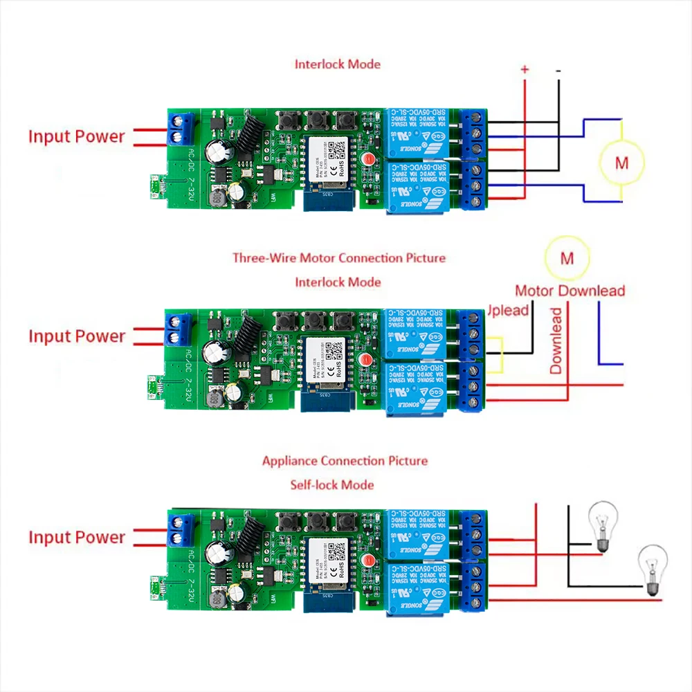 Zigbee-interruptor Tuya de 2 canales, dos relés, módulo de 12V, 24V, 220V, 230V, contacto en seco, NO NC COM, temporizador de avance lento, Rele para Motor de luz Alexa