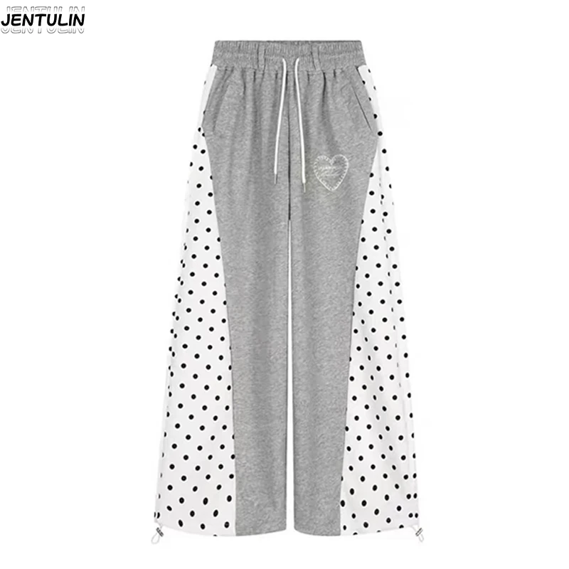 Wave Point Splicing Heart Embroidered Wide Leg Sweatpants High Waist Effect Drawstring Tied Feet Casual Sports Floor Length Pant