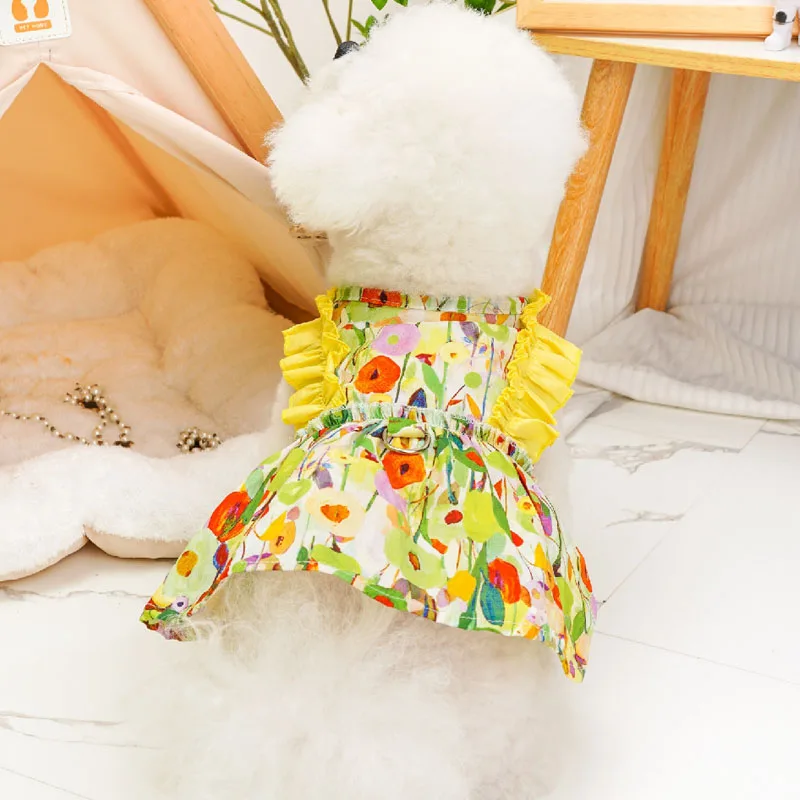 Floral Dog Dress D-Ring Sling Pet Dog Clothes Summer Yellow Rose Girls Party Dresses For Small Dogs Yorkie Puppy Skirt Apparel L