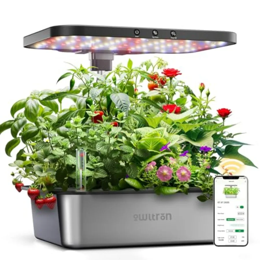 Indoor herb garden kit with 15 pods, dark silver hydroponic system, 36W LED grow light, APP control, quiet pump, 30-inch max pl