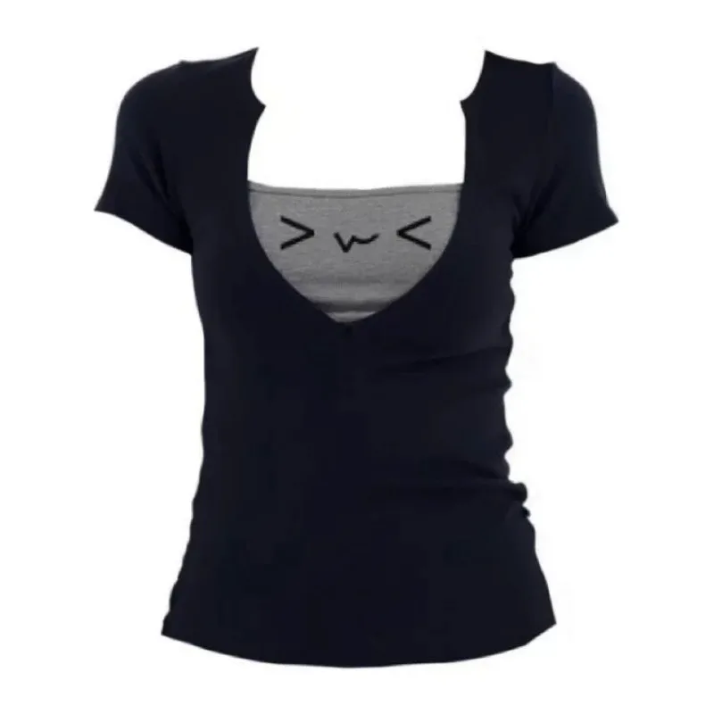 Japanese Y2k Women Two Piece T Shirt Cute Text Print Short Sleeve Slim Fit Spicy Girl Summer Top S-2xl