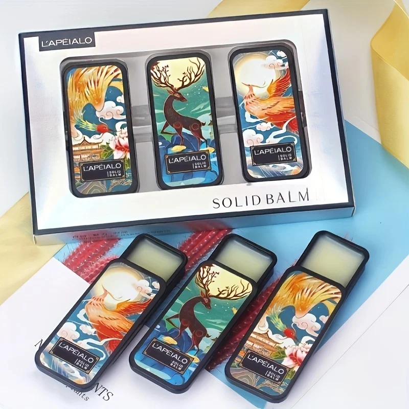 Men's and Women's Solid Perfume Set Chinese Style Pocket Portable Fragrance Body Cream Gift Box 3 Sets