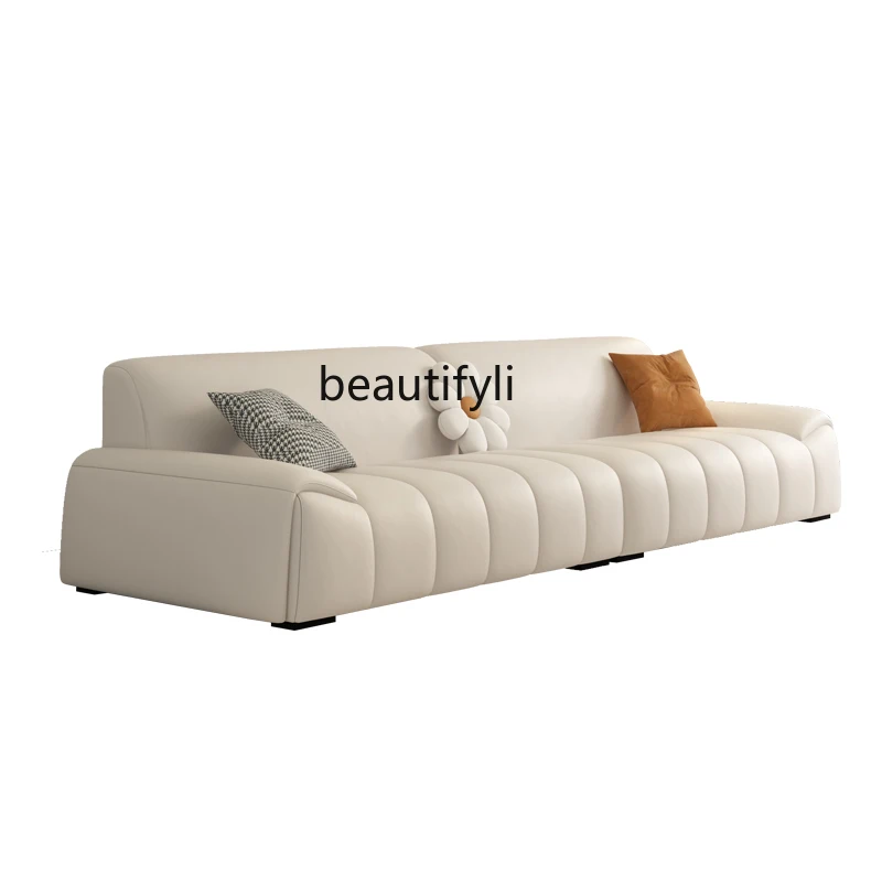 

Light Luxury Minimalist Leather Sofa Cream Style Straight Row Three Four French Small Apartment Sofa Living Room Simple Modern