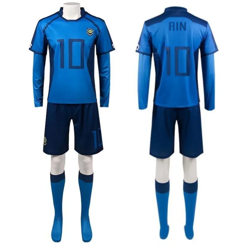 Disfraces de Cosplay de Anime Rin, camiseta de fútbol de partido U20 con cerradura azul, conjunto de uniforme de fútbol ISAGI, brazalete de capitán Rin Itoshi, guantes y pelucas