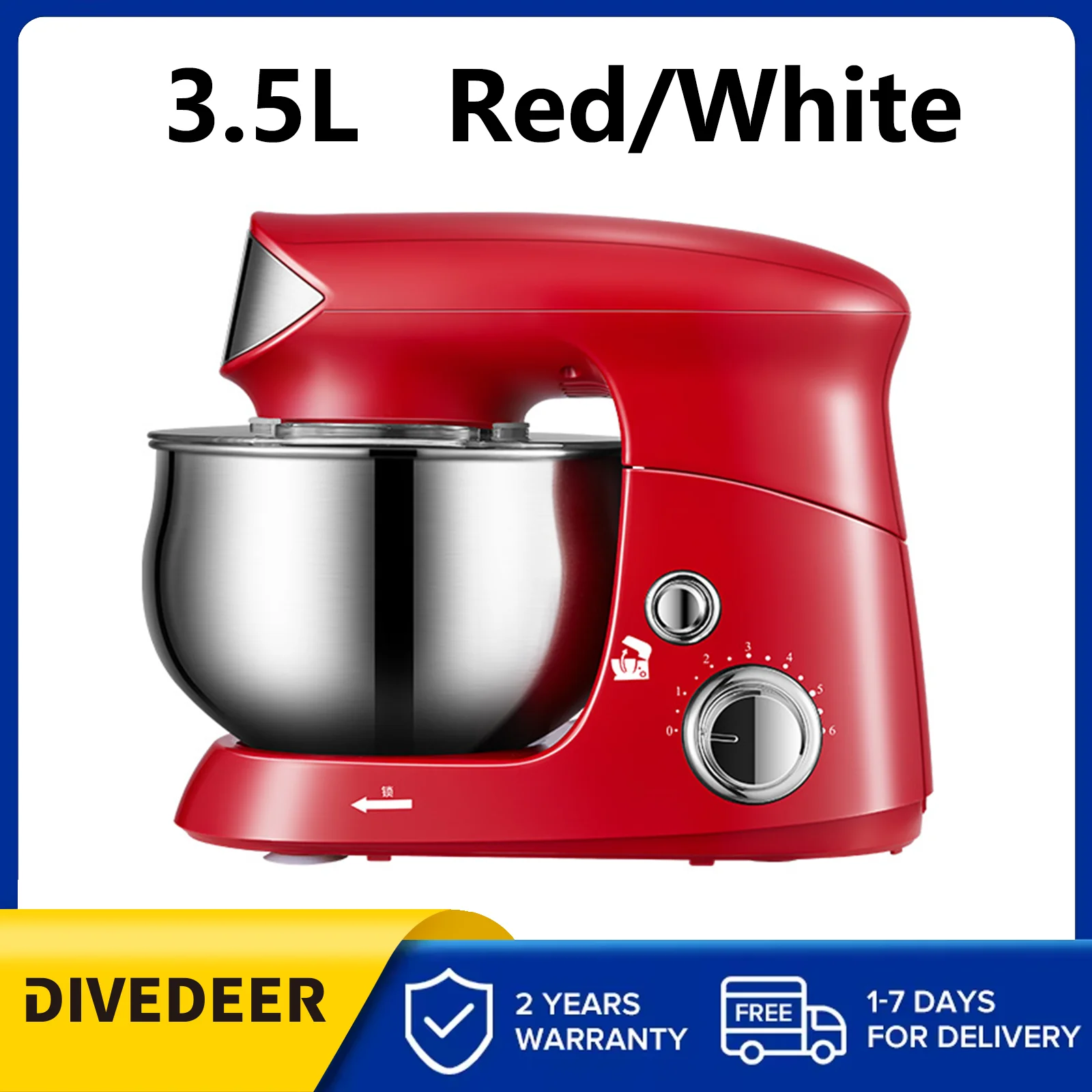 DIVEDEER Küchenmixer 3,5 l Edelstahlschüssel, Sahne-Ei-Mischung, Kuchenteig-Knetmaschine, 600 W, vertikaler Mixer