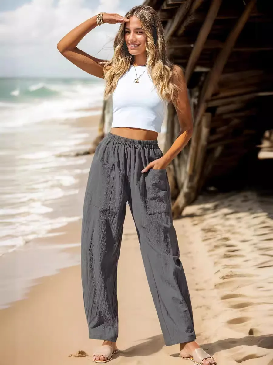 2024 Autumn Women's Loose Casual Pants Cotton linen Holiday style Workwear pockets Elastic waist Banana Pants Women's Pants