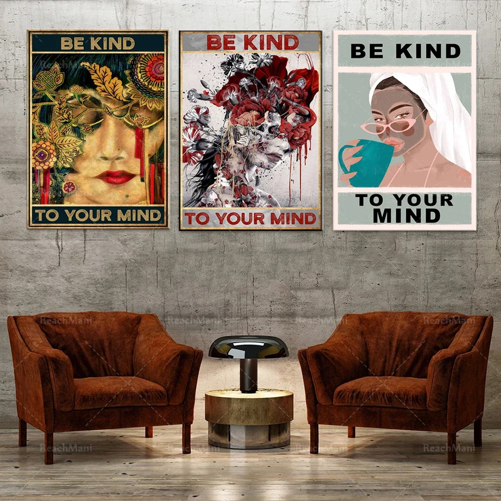 Be kind to your mind retro poster, floral skull, flower head poster, female mental health awareness, mental health issues poster