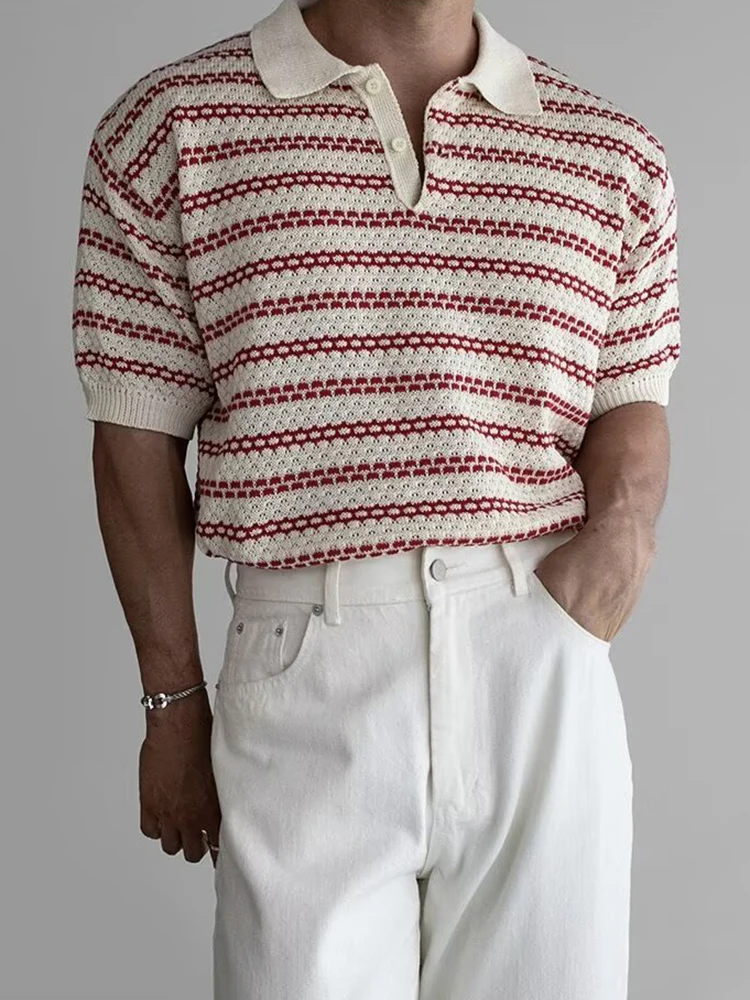 Classic Mens Striped Crochet Polo Shirt Knitting Short Sleeve Polo Collar Tops Men Spring Summer Casual Hollow Out Knitted Polos