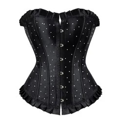 Women Sexy Corset Bustier with Rhinestone Gothic Lace Up Boned Overbust Satin Corselet Lingerie Top Burlesque Showgirl Costumes
