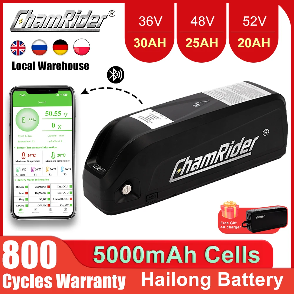 ChamRider Original Battery 48V 20AH  52V ebike Battery 36V Hailong Max 50A BMS 350W 500W 750W 1000W 1500W 21700 Cell BBS02 BBS03