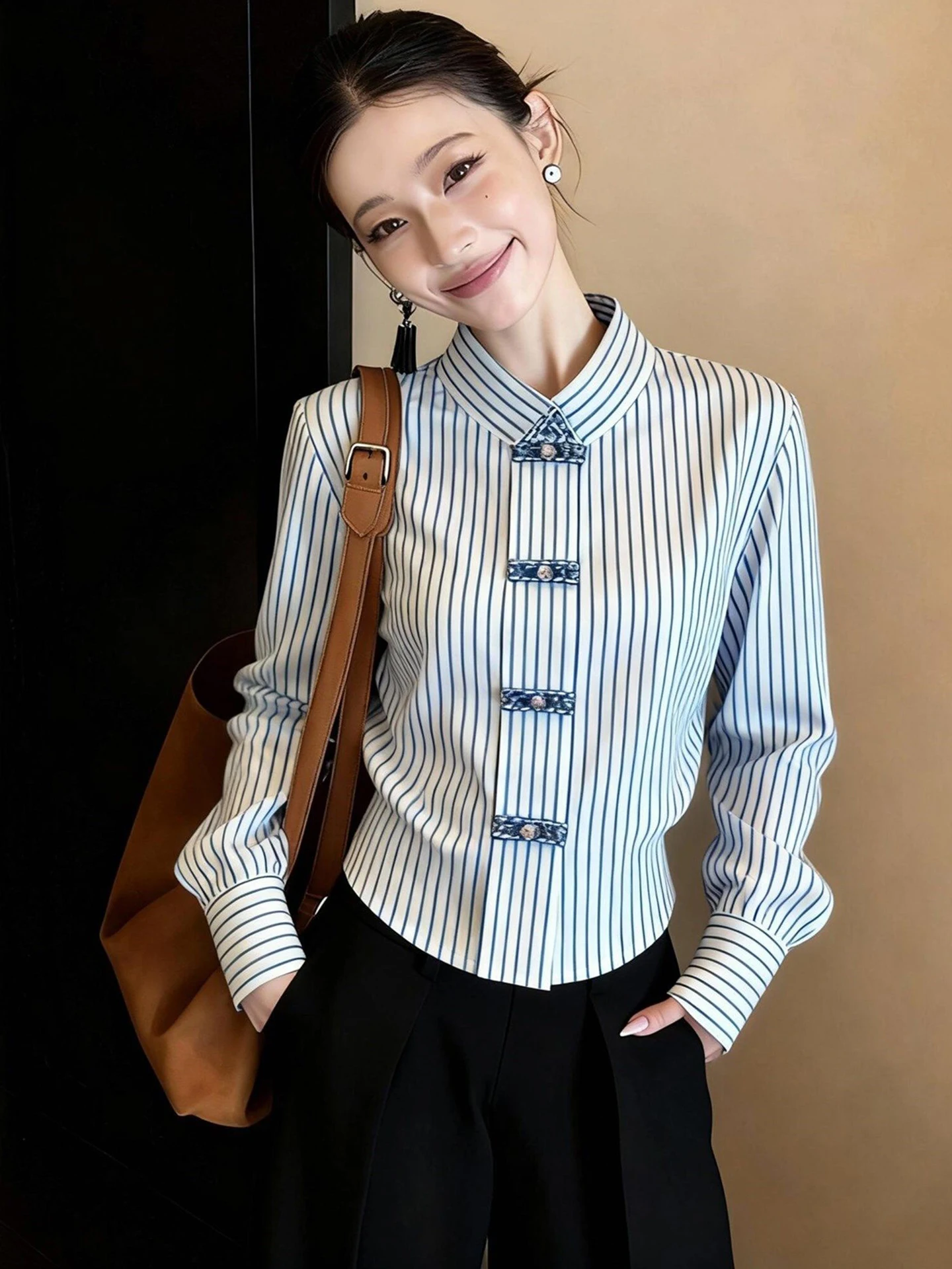 

Korean Style Slim Fit Striped Shirt Long Sleeve Stand Collar Comfortable Elegant Spring Top Women's Business Casual Shirt