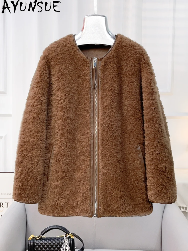 AYUNSUE 2025 Zima 100% Naturalna Wełna Damska Kurtka Modna Kurtka z Granulowanego Futra Jagnięcego Odzież Damska Wysokiej Jakości Abrigo Mujer