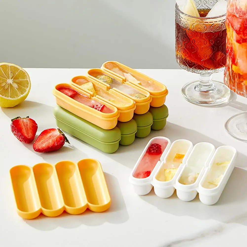 Long Ice Cube Tray Reusable Silicone Universal Ice Stick Tray with Lid Multi-purpose Easy Release Freezing Ice Tray with 4 Slots