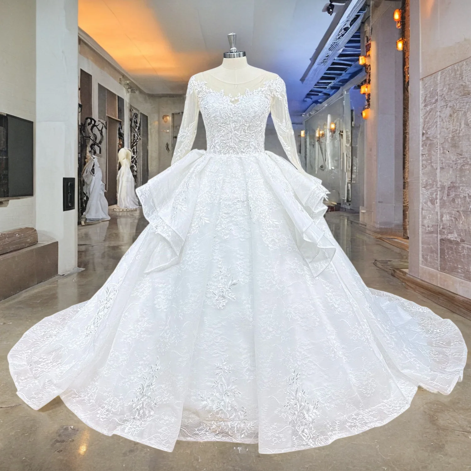 Trouwjurk Beading Lace Ball Gown Wedding Dresses Long Sleeve Gorgeous Vestidos De Novia Lace Up Back Vintage Bridal Gowns