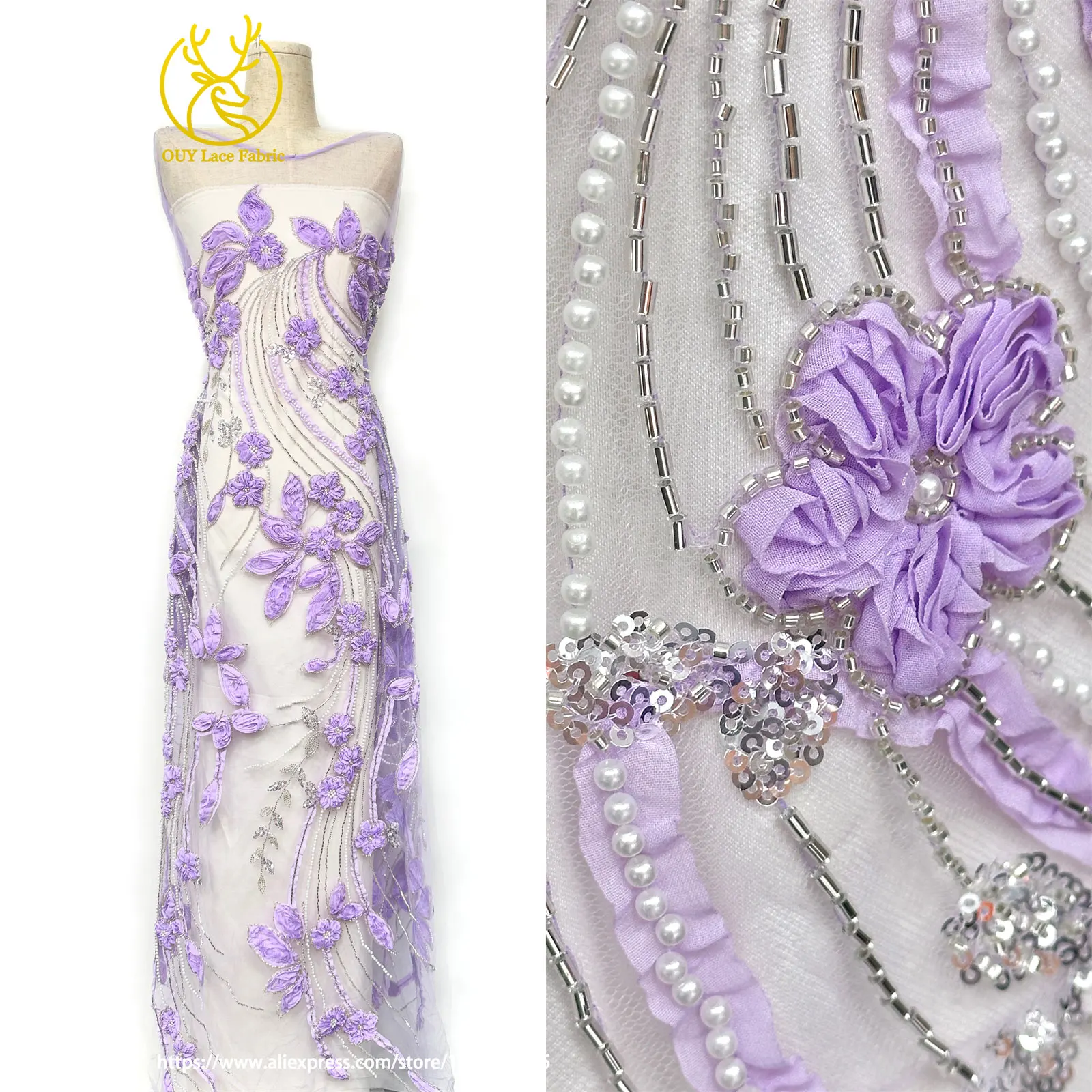 Newest Africa Nigeria Elegant 3D Flower Embroidery Fabric High Quality French Beaded Sequins Tulle Lace Fabric For Party Wedding