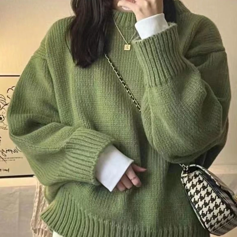 Pullover lavorati a maglia da donna autunno Vintage Y2k maglioni con scollo a o verde studenti Kawaii Ins Fashion All-match Soft Chic Simple Teens