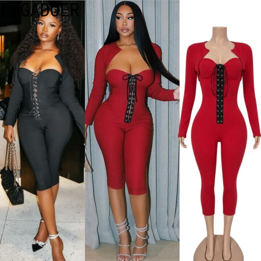 FAGADOER Sexy Women 2 Piece Jumpsuit Set Lace Up Strapless Bodycon Capri Jumpsuit with Long Sleeve Crop Shrug Fall Club Outfit