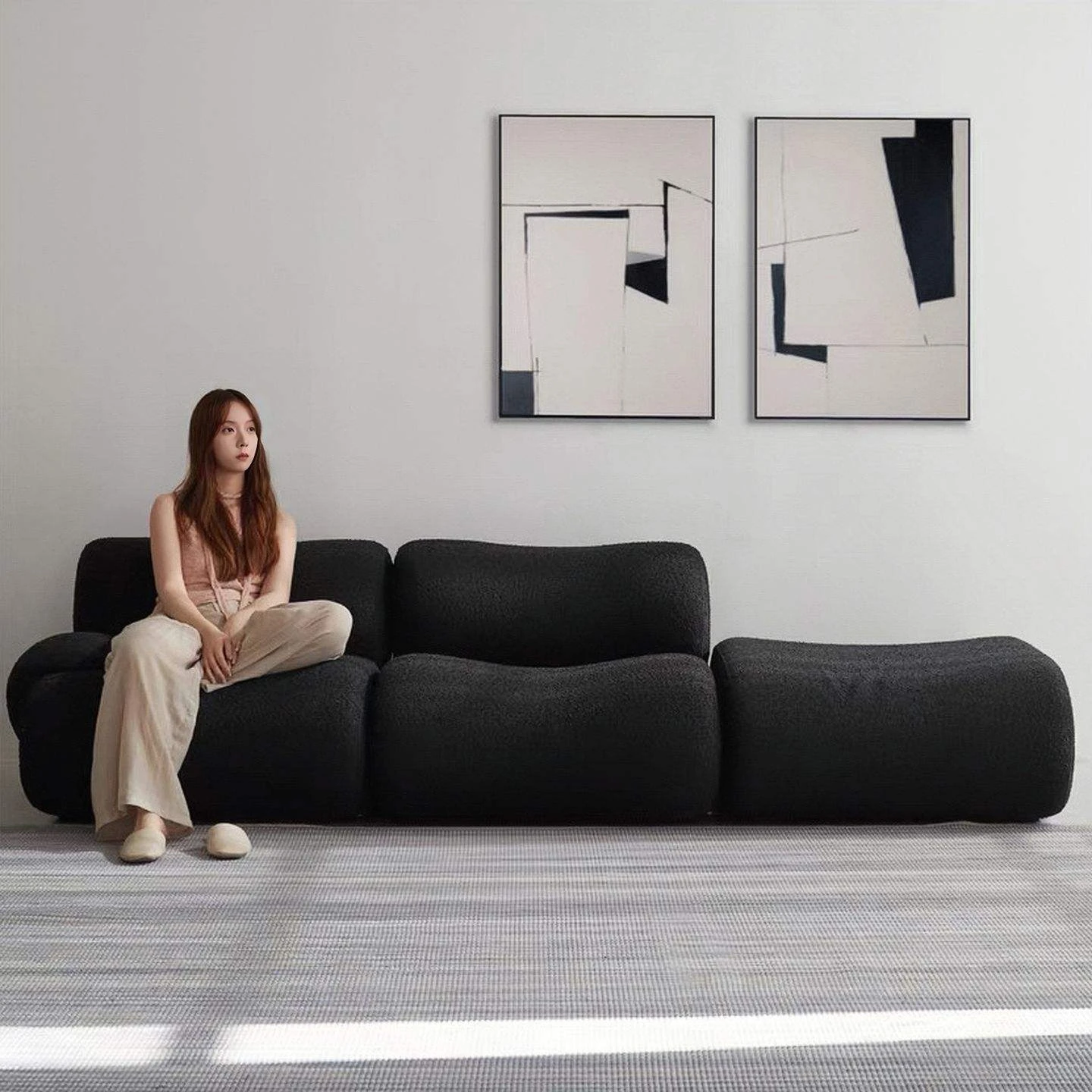 Bamboo Modular Combination Retro Curved Sheepskin Sofa Vacuum Compressed Sponge Cushion Single Person Couch For IndoorLivingRoom