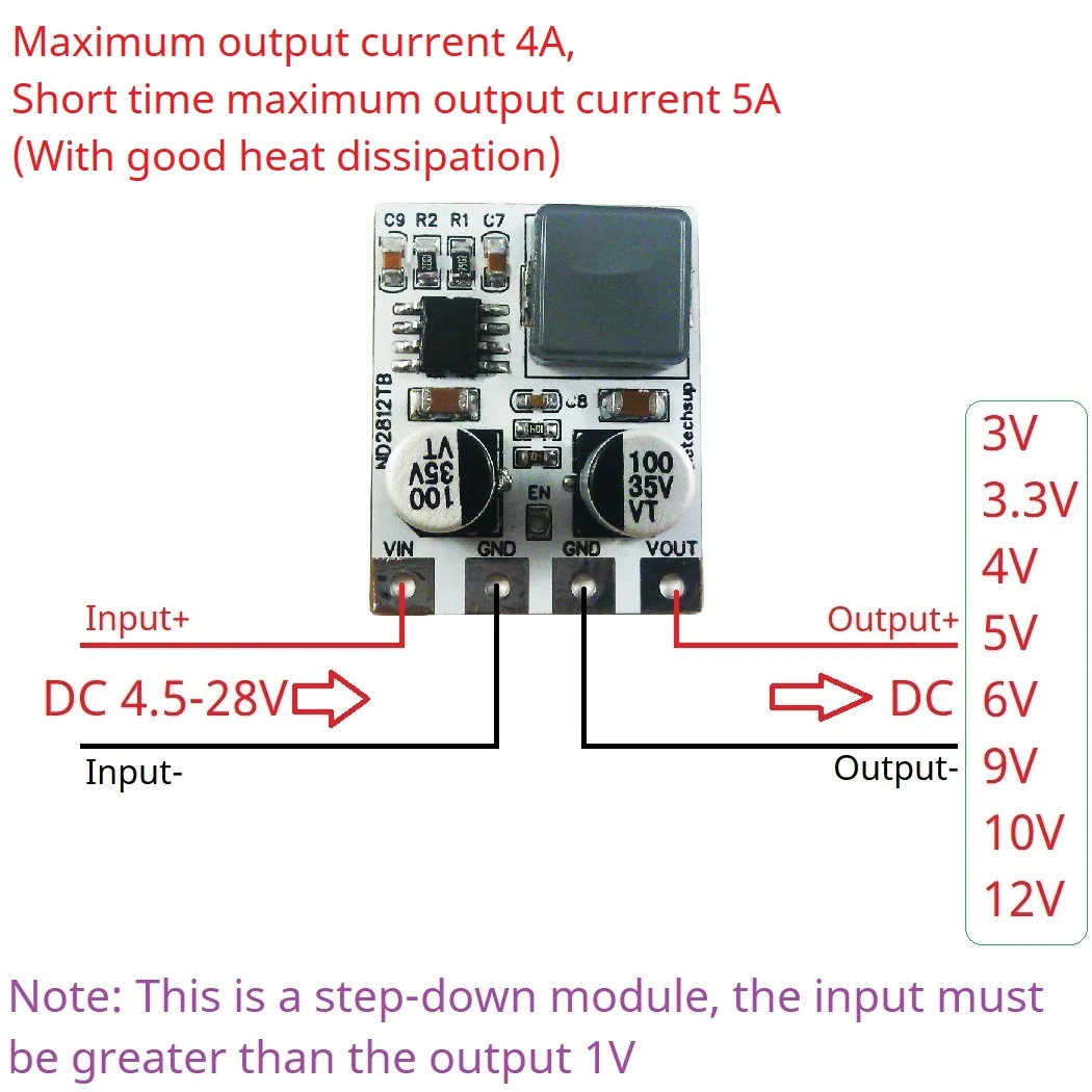 Step Down Regulator 5A High Efficiency Fast Response Synchronous4.5-28V to 3V 3.3V 4V 5V 6V 9V 10V 12V DC-DC Buck Converter