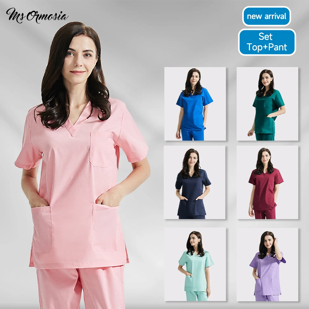 High Quality V-neck Scrub Tops Beauty Salon Nursing Elastic Waist Pants Unisex Breathable Surgery Uniform Medical Accessories