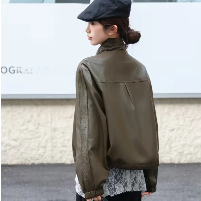 عارضة الوقوف طوق الرباط بو الجلود Jaet المرأة ملابس خارجية الراقية الأوروبية Sle الخريف الشتاء Faion تخفيف الرياح