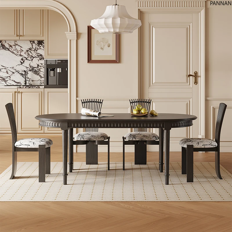 

French retro solid wood dining table ash wood black oval designer American dining table