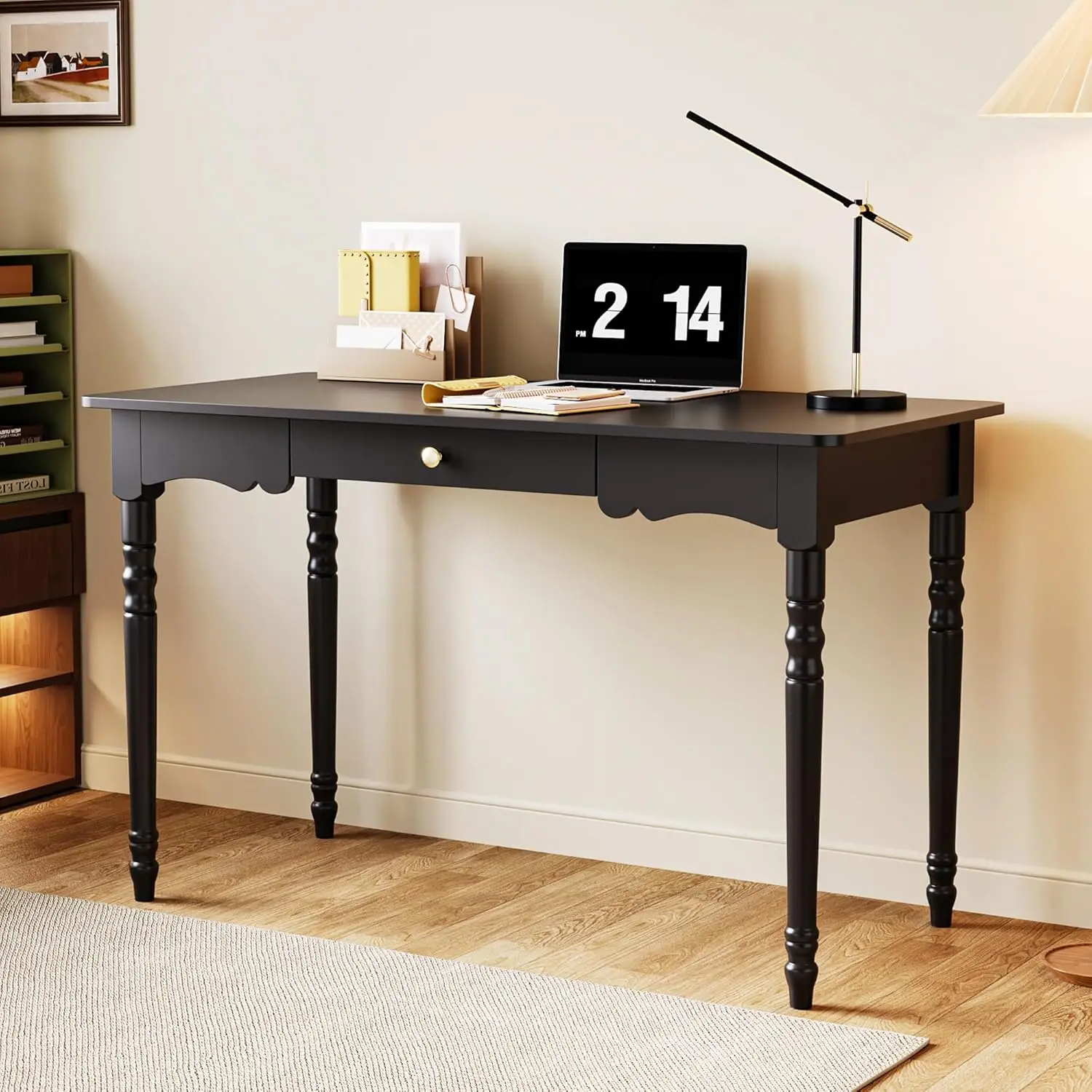 Escritorio para computadora de oficina en casa de 47,2 pulgadas de ancho con patas de madera maciza, mesa de escritura para estudio de escritorio de PC para juegos vintage con cajón, negro