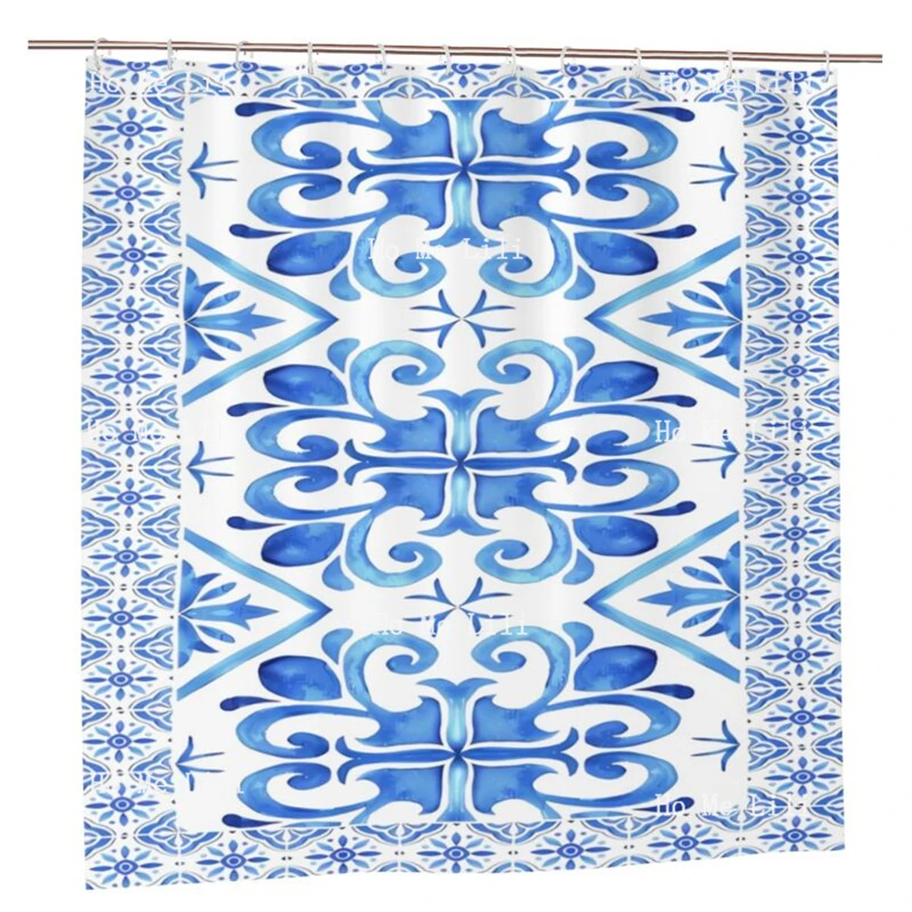 Blue Spanish Tile On White Background Mediterranean Pattern Fabric Shower Curtain Bathroom Decor