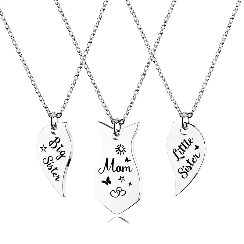 3 PCS Heart-shaped Matching Mom Daughter Sisters Necklace Set Stainless Steel Butterfly Sun Star Necklace