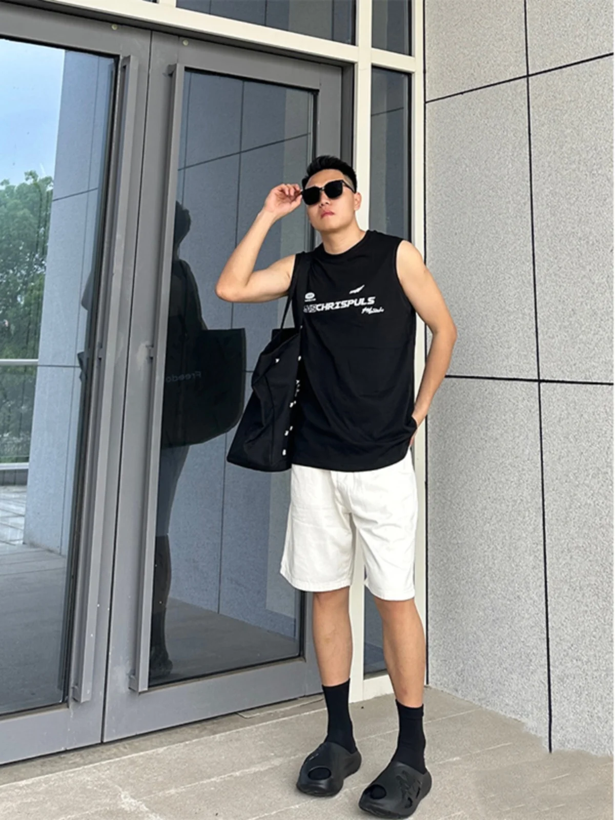Cleanfit Men's Summer Loose Fit White Denim Shorts High Street Washed Five-Point Trendy Brand Straight Leg Jeans Shorts