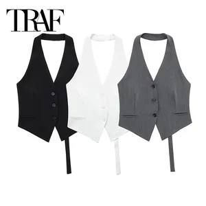 Traf-Cut Clippinless No-Shoulder, Schwarz, Weiß, kein Rücken, V-Ausschnitt, kurze Jacken, Sommerweste, Mode 10 Hauptverkaufsweste weiß - №5