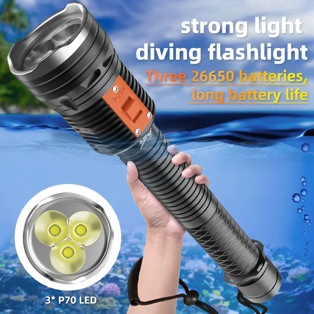 

3*XHP70 Professional Diving FlashLight 8000LM Tactic 3 modes Dive Headlight 500M Underwater Waterproof Light 26650 Flashlights