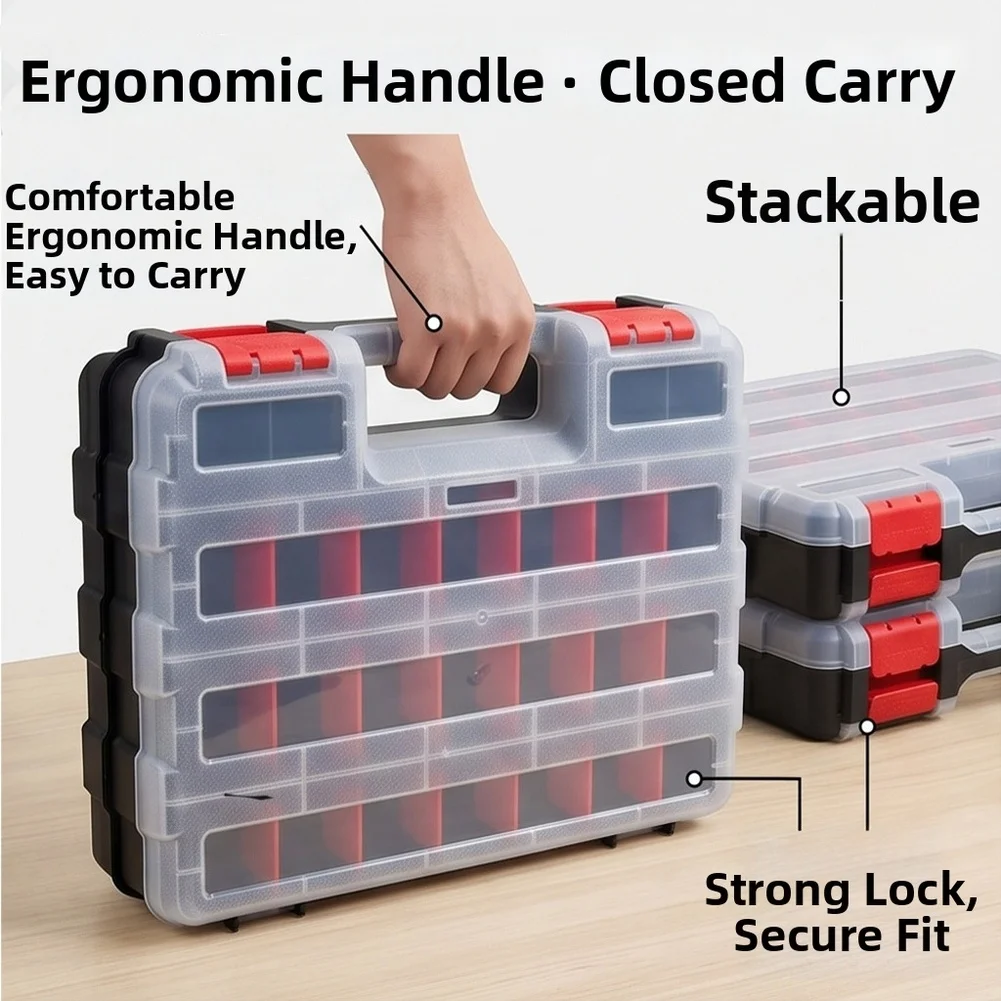 Double-Sided Plastic Case with Transparent Covers Secure Latches and Removable Dividers for Workshop Organization Needs