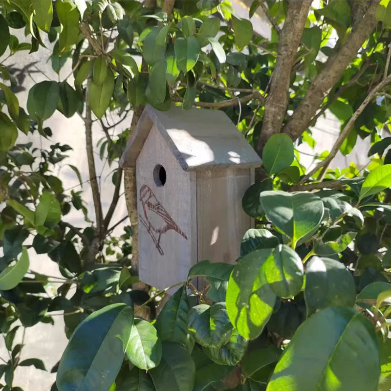 Charming Petite Wooden Birdhouse with Lifelike Bird Design and Gray Finish