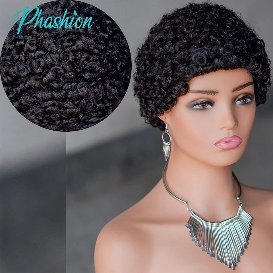 Phashion Pixie Cut Wigs 1B/99J/#4/#30/#27 Short Curl Wig Brazilian Remy Cheap Full Machine Made 100% Human Hair Wear And Go