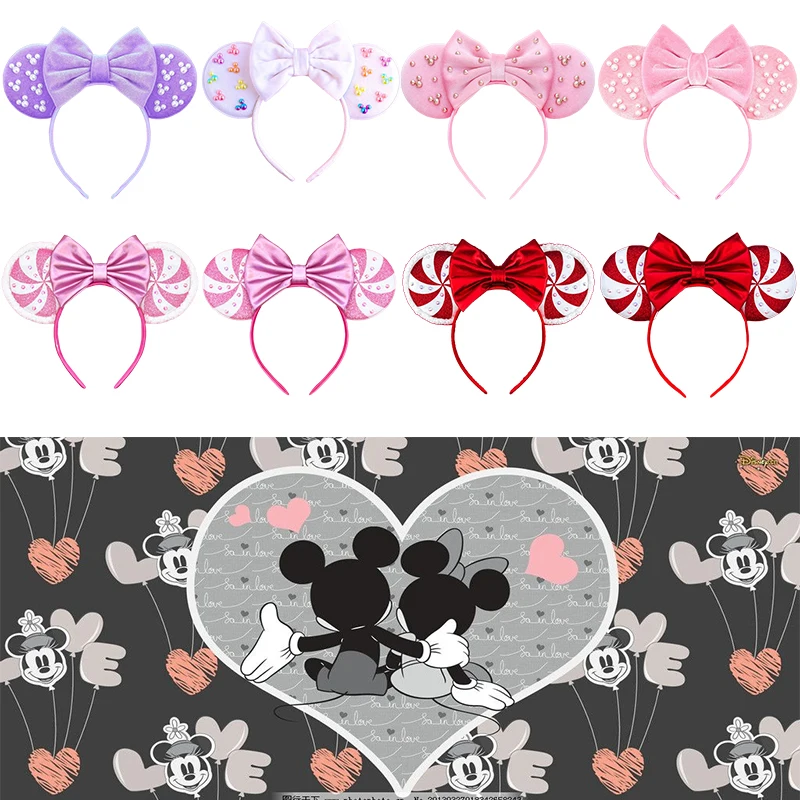 Disney Minnie Mouse Ears Headbands Girls Pearl Mickey Hair Accessories For Women Pixar Anime Headwear Kids Bow Sequins Hairbands