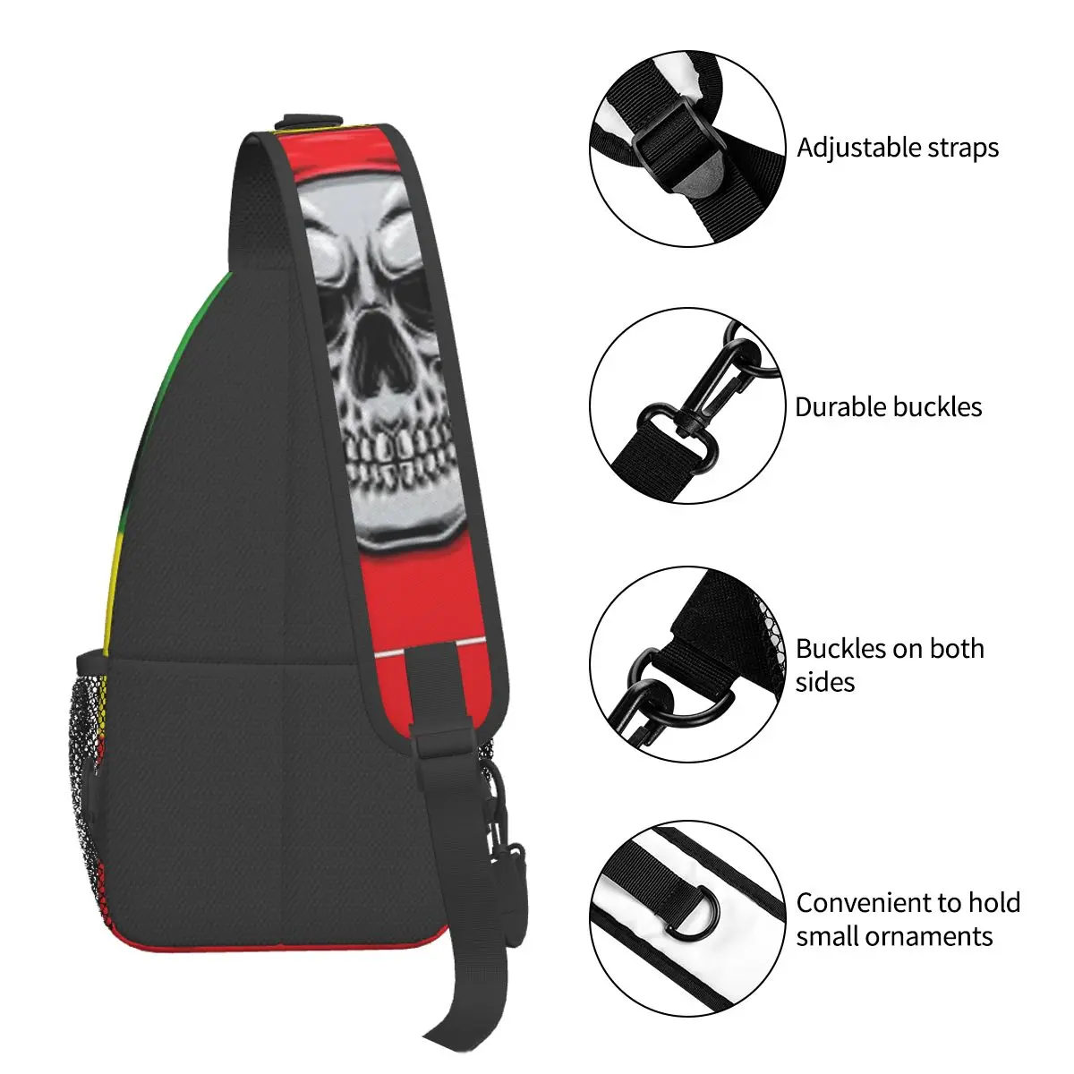 Sling Bolsas Crânio Rasta Peito Crossbody Ombro Mochila Viagem Caminhadas Daypacks Reggae Dreadlocks Rastafari Jamaica Bookbag