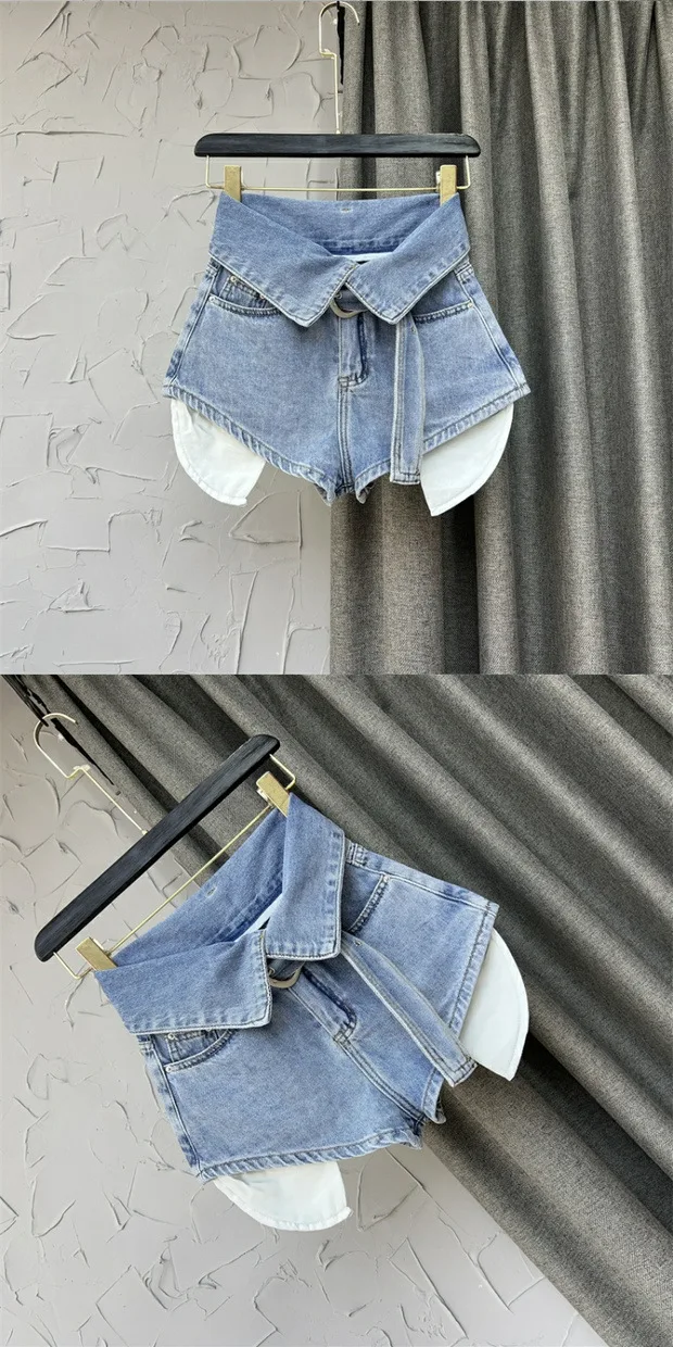 Korean Design High Waisted Wide Leg A-line Shorts Green Denim Hot Pants for Women Jeans