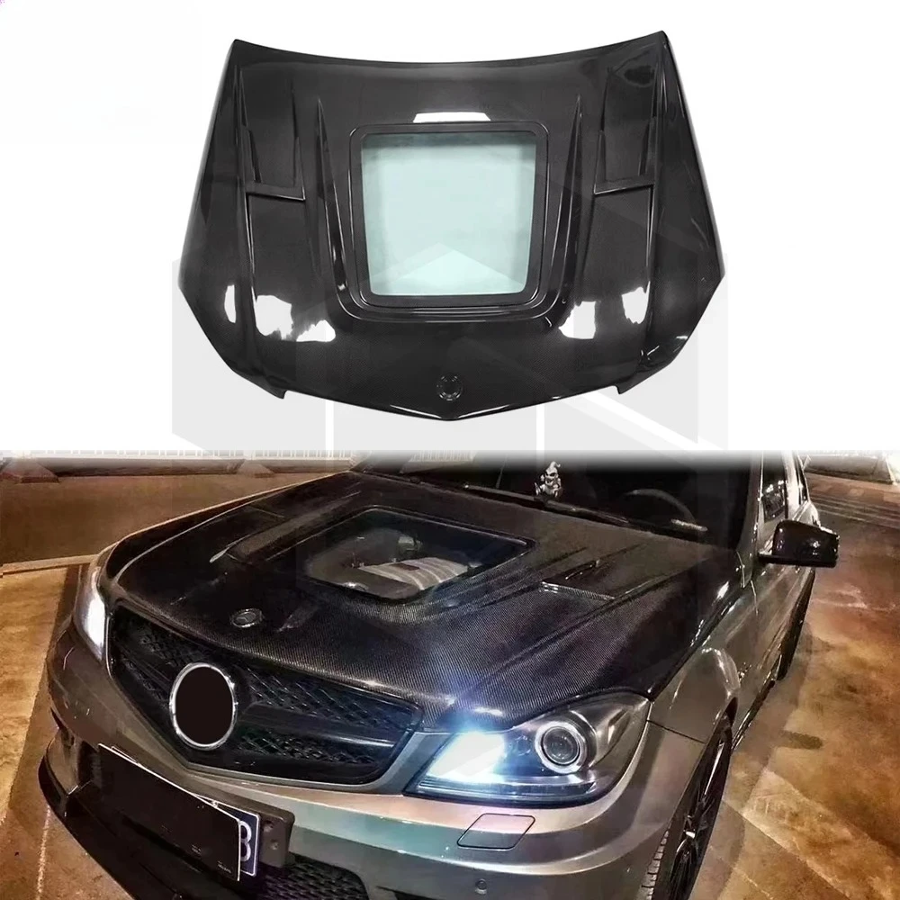 

High Quality Carbon Fiber Clear Tempered Glass Hood For Mercedes Benz C-Class W204 C63 AMG Front Engine Valve Cover 2008-2014