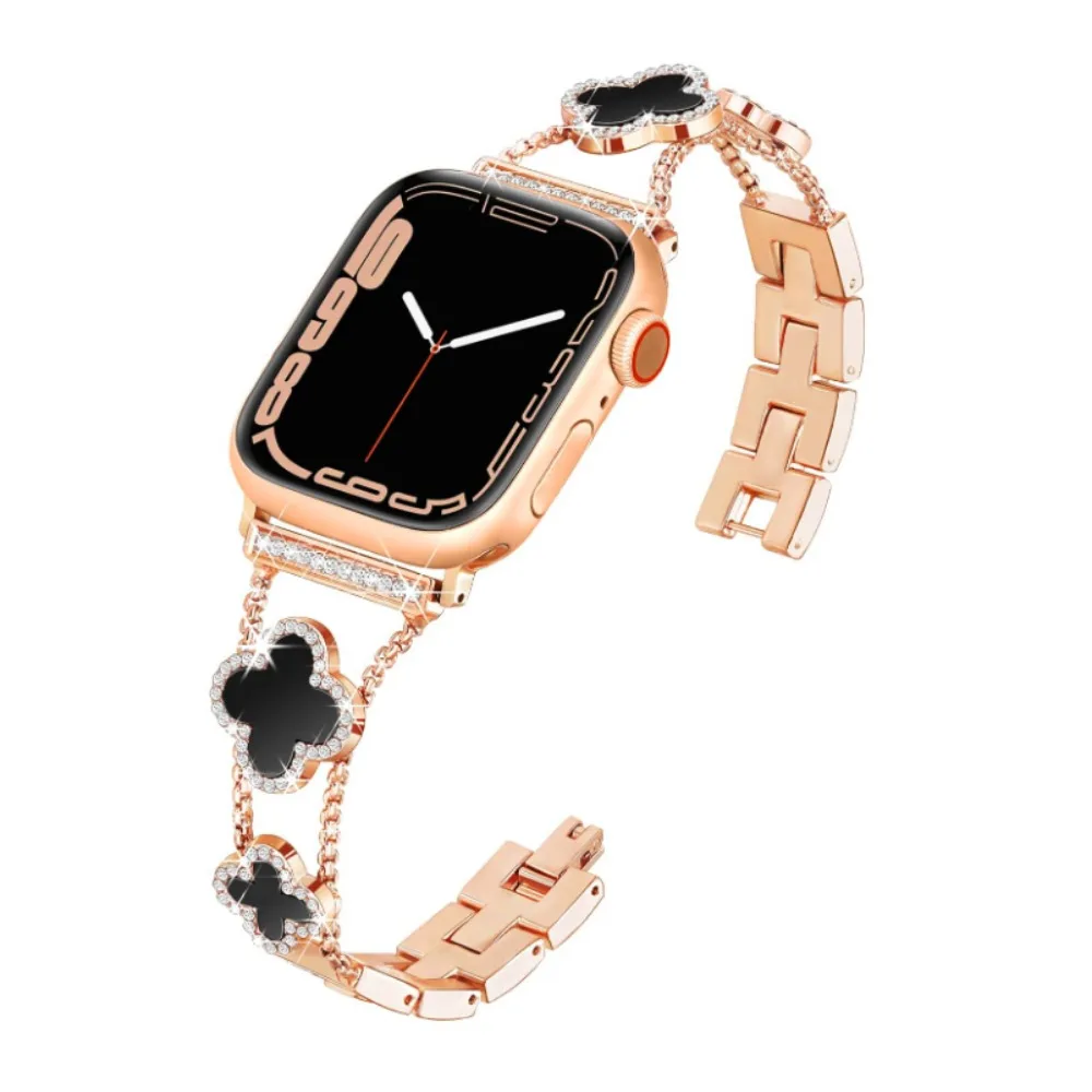 Shiny metal watch strap for Apple Watch Women\'s 38-49mm Series 9-1 SE Ultra, cute lucky four-leaf clover