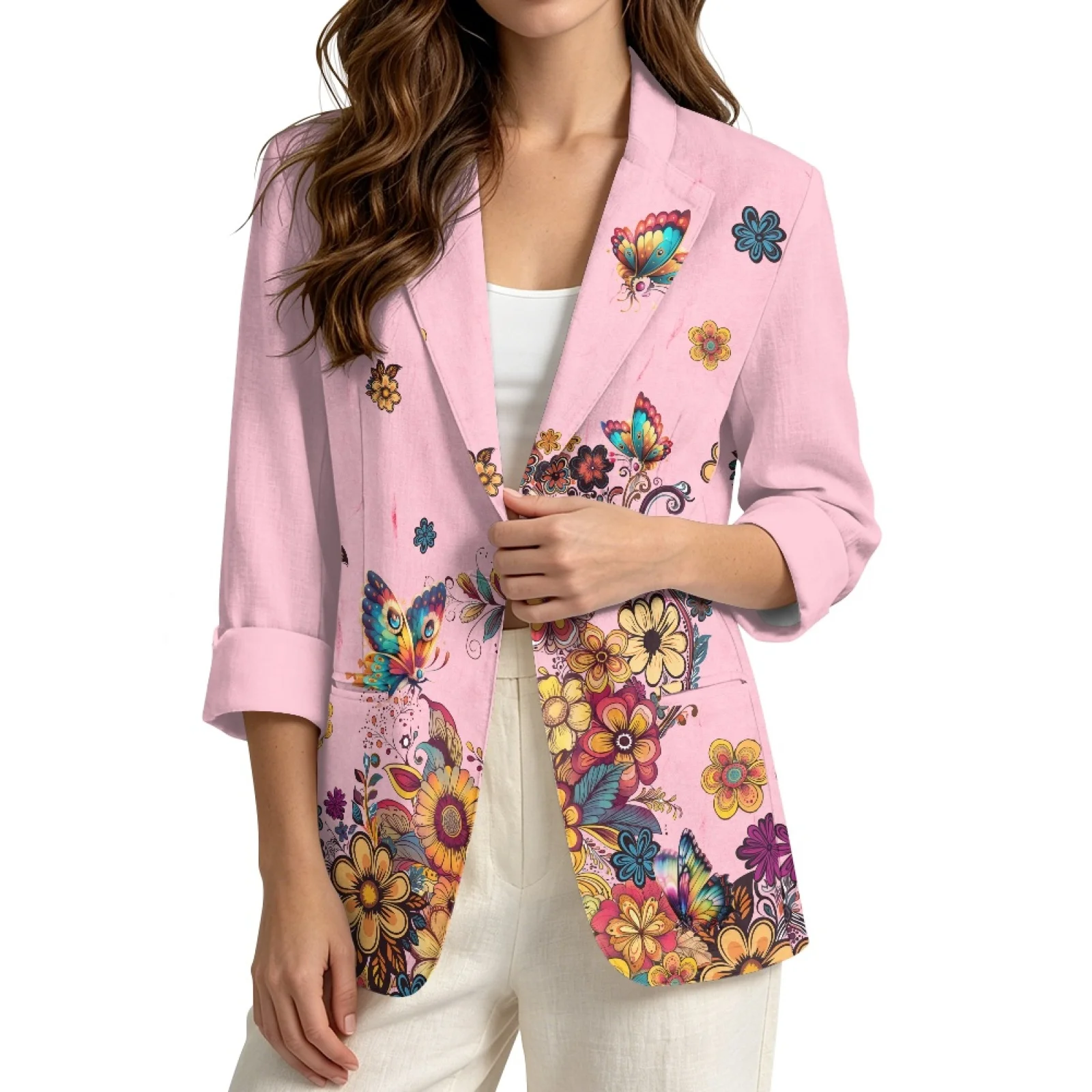 PENSTROLL Butterfly Floral Print Linen Style Open Front Cardigan Jacket, Loose Layering Top for Women Sizes S-3XL Daily Wear